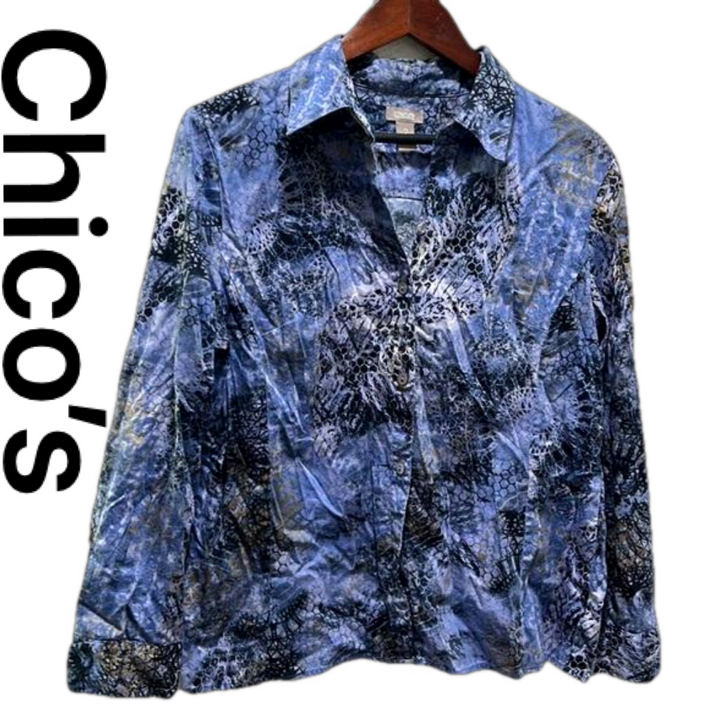 Chicos blue and black long sleeve blouse /top size 2 GUC..